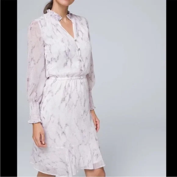 WHBM Lavender & White Snake Print Long Sleeve Blouson Dress Ruffle Neckline Sz 6 - Picture 2 of 12